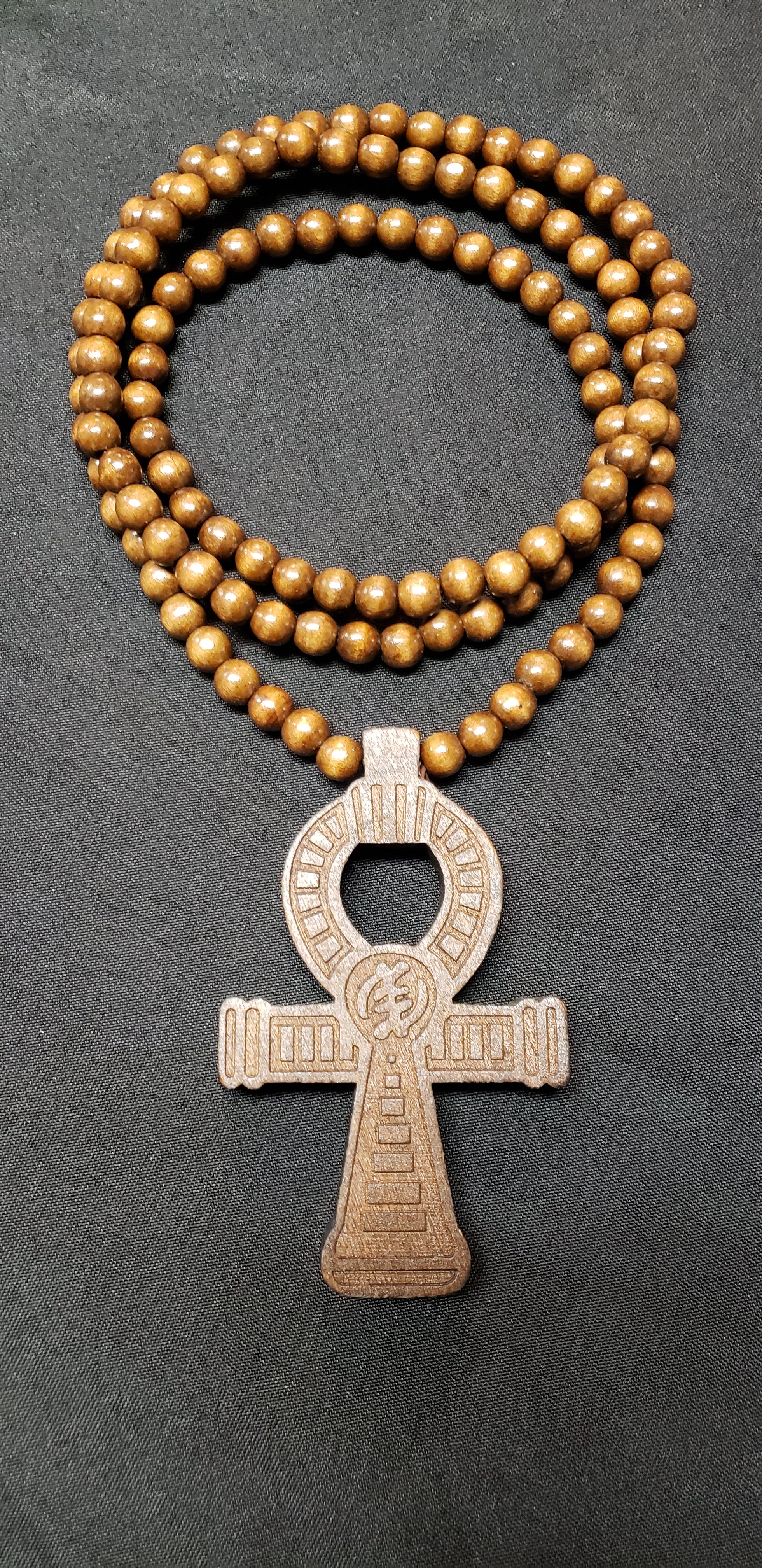 Wood Bead Ankh Pendant Necklaces